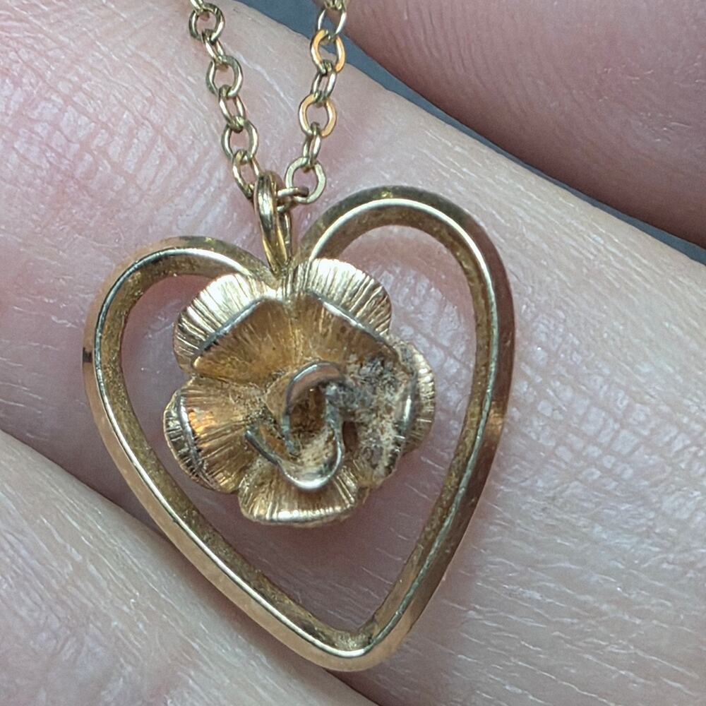 Vintage Krementz Heart Pendant Necklace Rose Floral Gold Filled 445 - Picture 3 of 7
